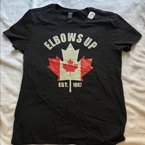 Black “Elbows Up” Graphic Tee with Canadian Red Maple Leaf Design (Women’s S)
